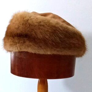 Women's Vintage Mid Century Brown Real‎ Fur Hat with Cloth Crown